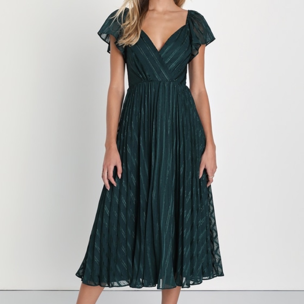 Lulus Standout Sophistication Emerald Lurex Flutter Sleeve Midi Dress Green